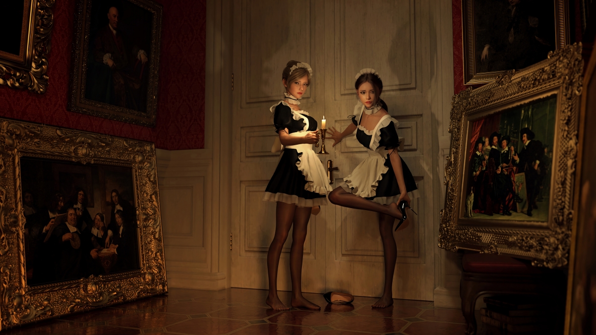 3D绘画 女仆 美腿 黑丝 高跟鞋 两位女仆进门后的一幕 4k动漫壁纸