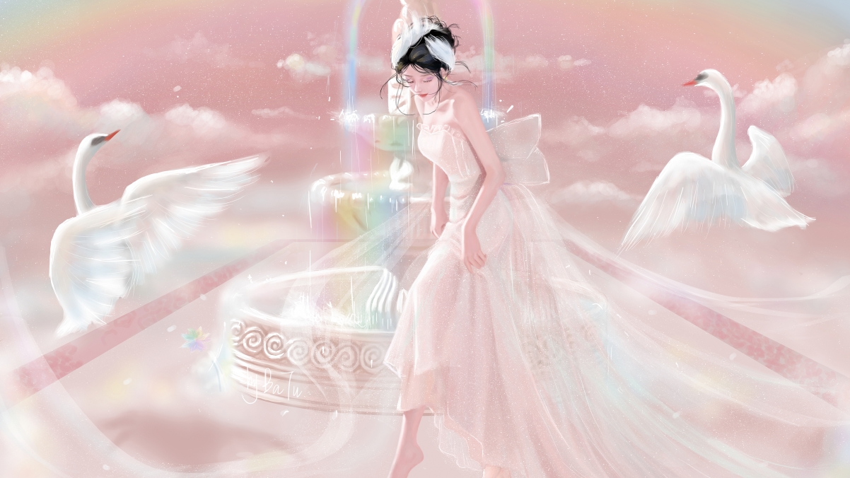 巴图BaTu 天鹅女孩 公主 彩色喷泉 云雾 梦幻 彼岸图网会员原创 唯美厚涂4k壁纸