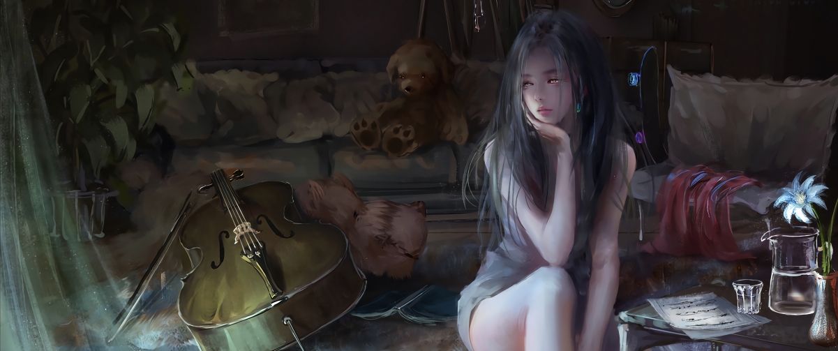 厚涂画风 动漫美女 猫 大提琴3440x1440带鱼屏壁纸