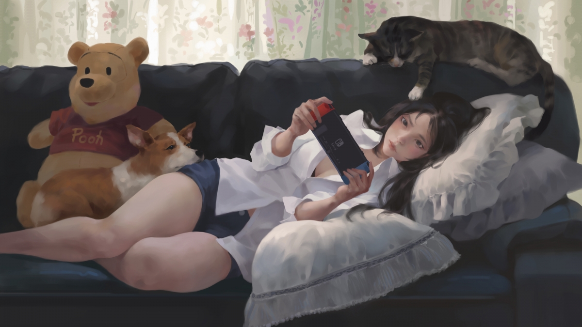 女孩 沙发 手机 猫 狗 小熊维尼 4k高清动漫壁纸