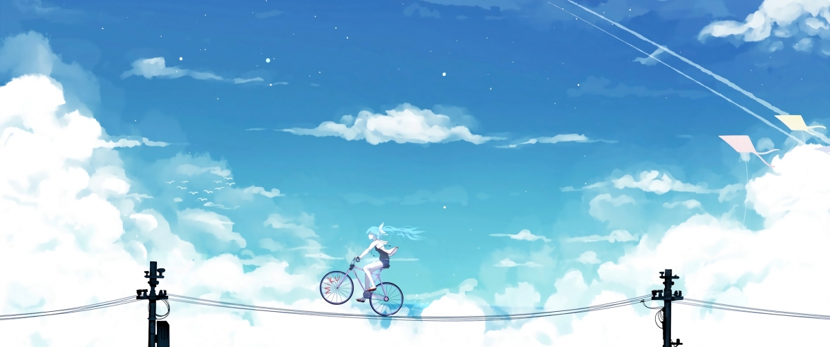 初音未来miku 天空 电线 单车 3440x1440唯美壁纸