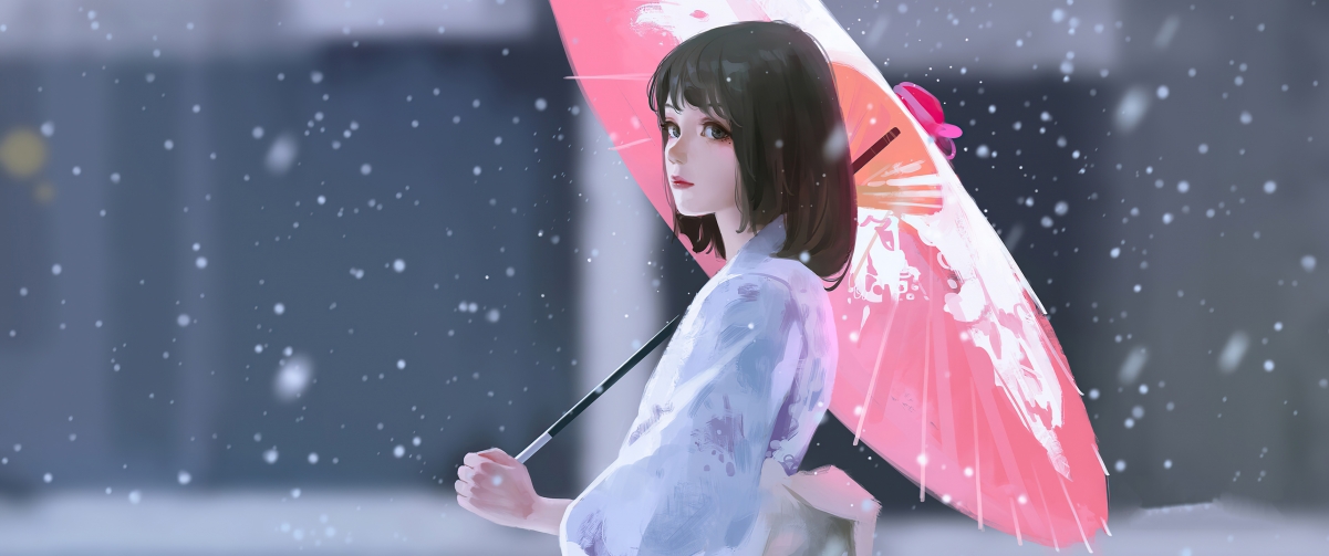 雨伞 雪 女孩白色连衣裙 和服3440x1440带鱼屏壁纸