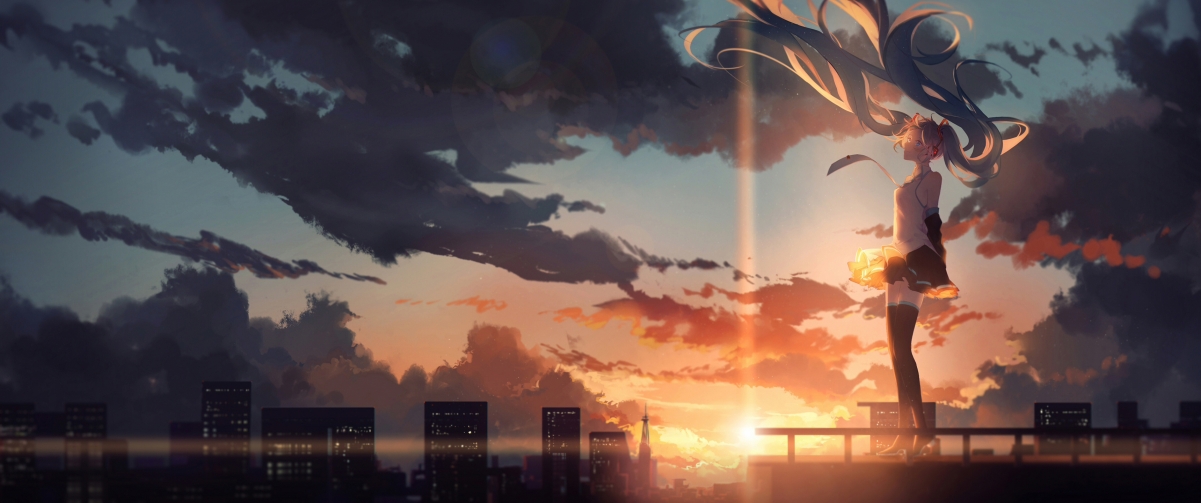 初音未来 云 夕阳 3440x1440动漫壁纸