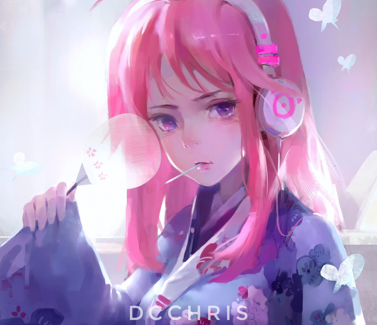 粉色头发 女生 女式耳机 dcchris插画4k壁纸