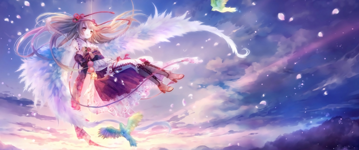 天空 小女孩 羽毛 鸟儿 唯美梦幻动漫风景壁纸3440x1440