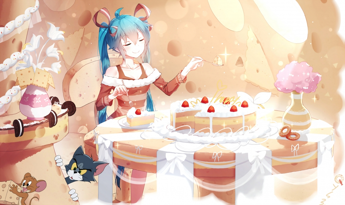 初音未来 生日蛋糕 猫和老鼠 6k动漫壁纸