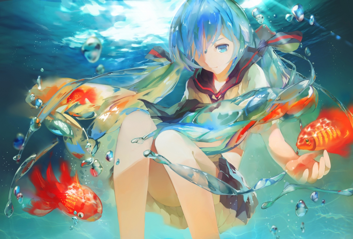 VOCALOID 初音未来 水下 金鱼 唯美壁纸