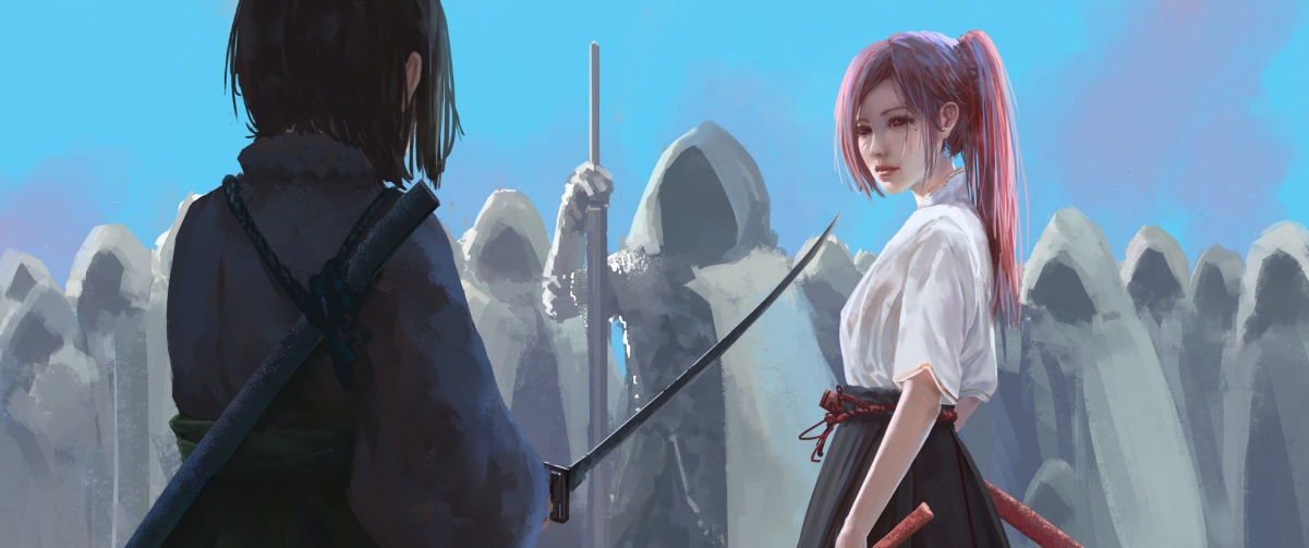 女生对决 斗篷武士 3440x1440动漫插画壁纸