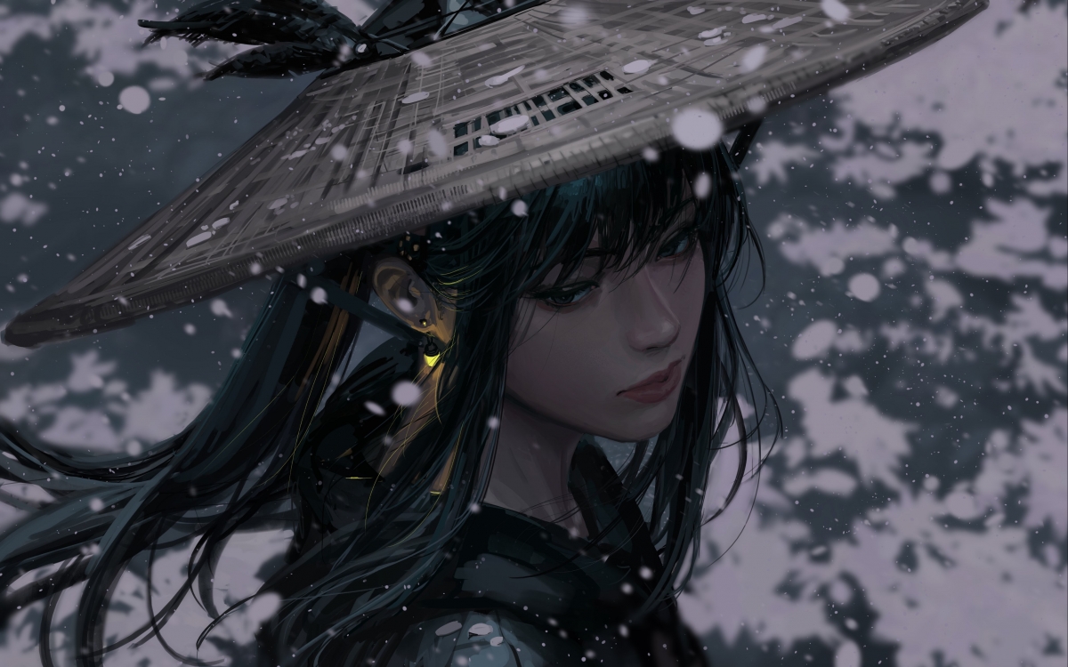 武士美女 斗笠 雪 4k动漫壁纸