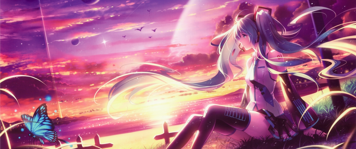 初音未来,唯美美丽天空,3440x1440壁纸