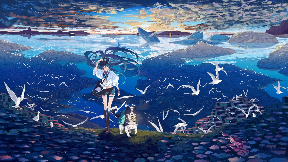 初音未来,小狗,鸟儿,海鸥,大海,天空,云,初音4k壁纸