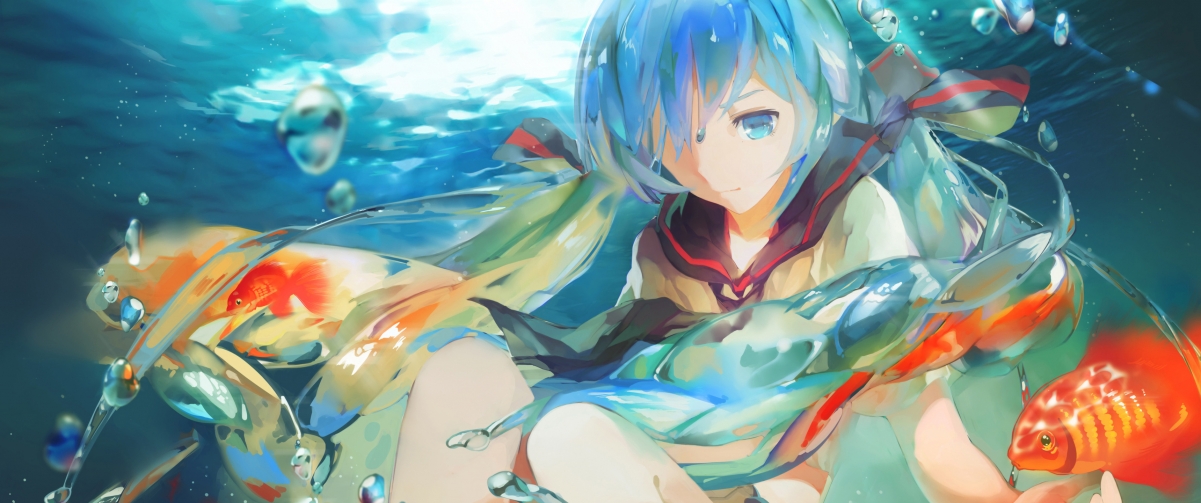 初音未来VOCALOID 水下 金鱼 3440x1440唯美壁纸