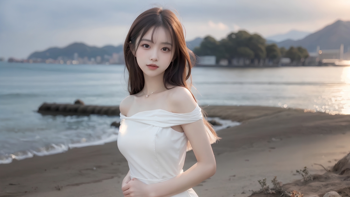 AI绘画| 海边美女 白色裙子 4k壁纸