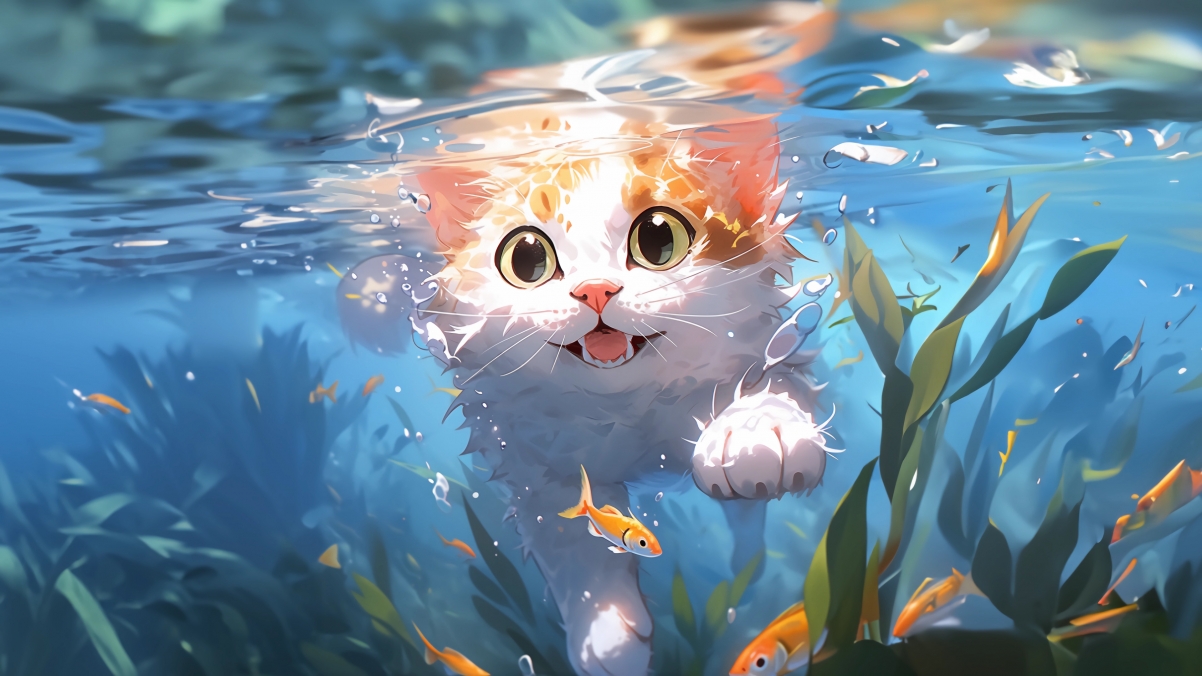 水 鱼 猫游泳 4k动漫壁纸