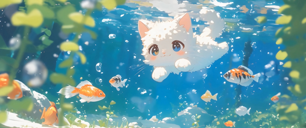 可爱小猫游泳 鱼 3440x1440带鱼屏壁纸