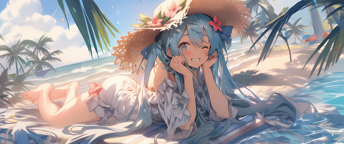 海边 女孩 初音 帽子 3440x1440带鱼屏壁纸