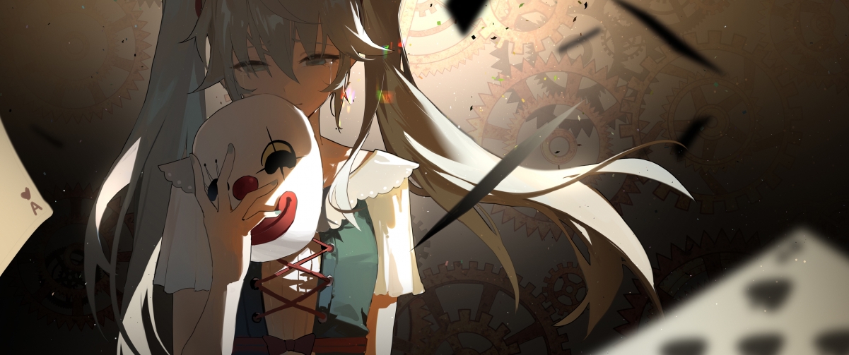 初音未来 小丑面具 3440x1440带鱼屏壁纸